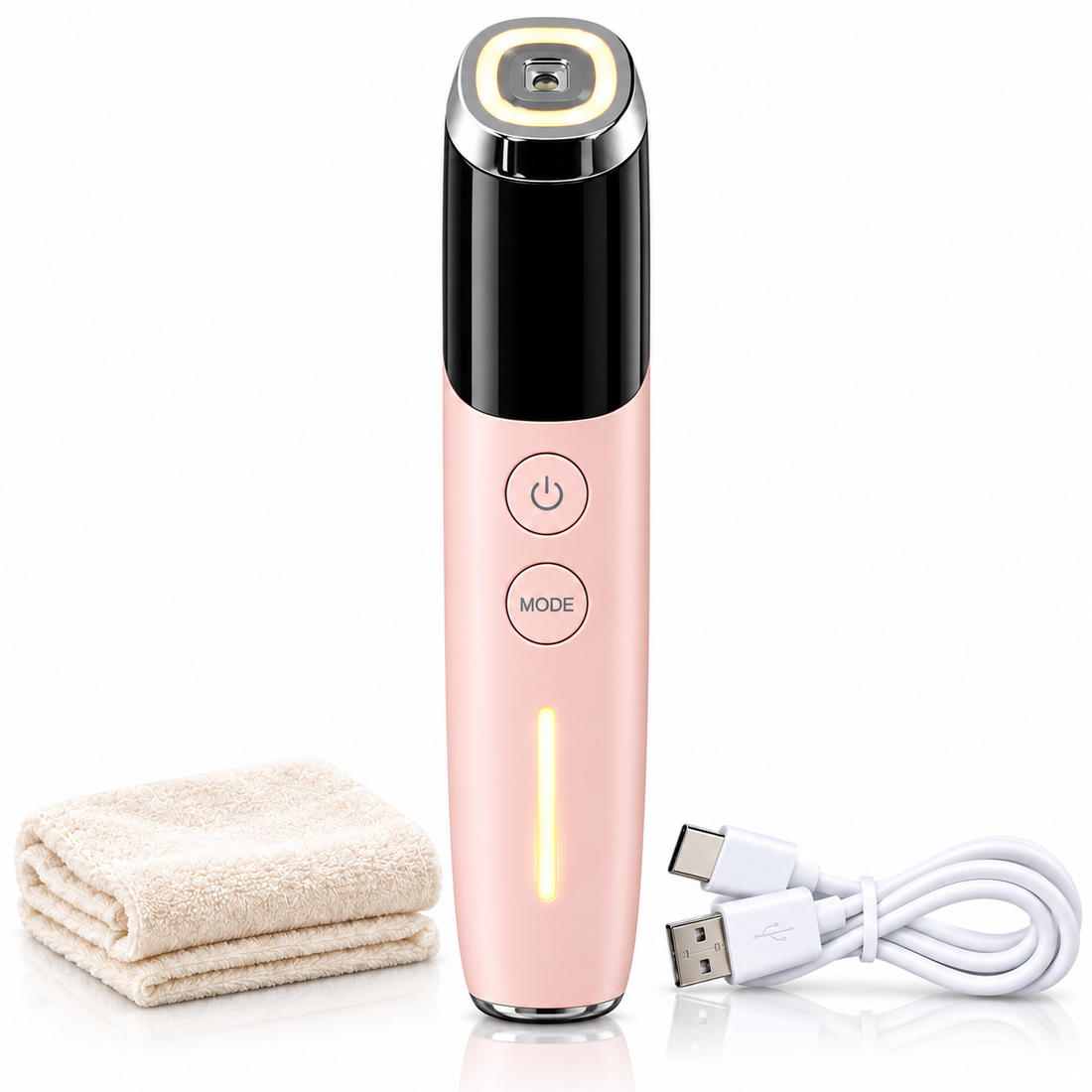 AMANO GlowLift pink facial device shown with USB-C cable on a white background