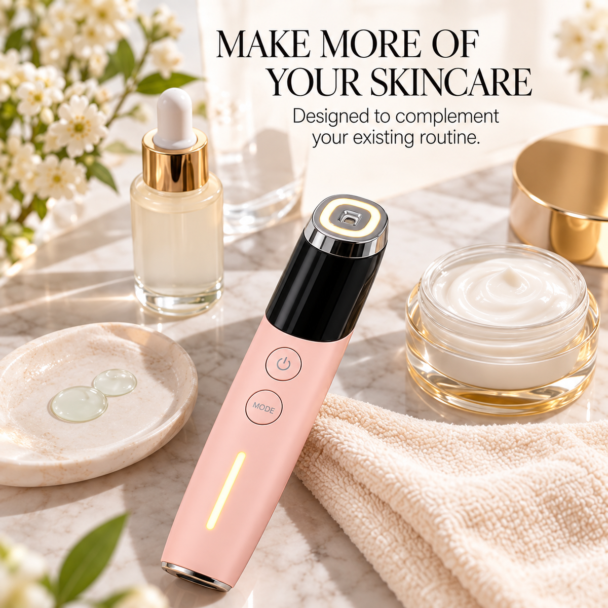 Pink AMANO facial device beside serum and cream in a skincare setting