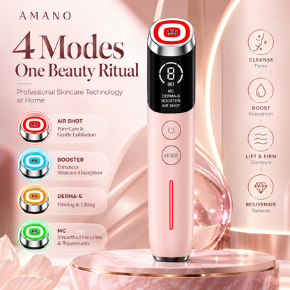 AMANO four-mode facial device promotional image with colored mode indicators