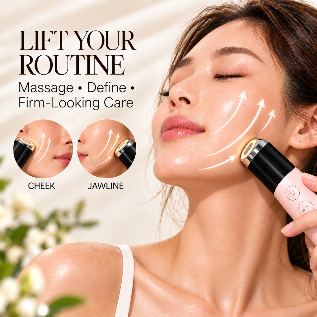 Facial massage demonstration along the cheek and jawline